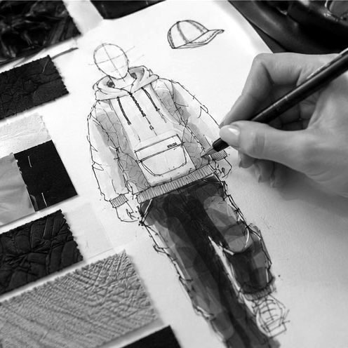 Fashion illustration with material swatches